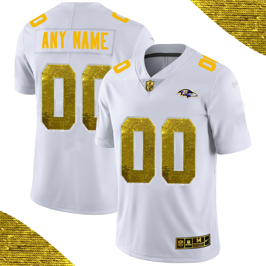 Men's Baltimore Ravens ACTIVE PLAYER White Custom Gold Fashion Edition Limited Stitched Jersey
